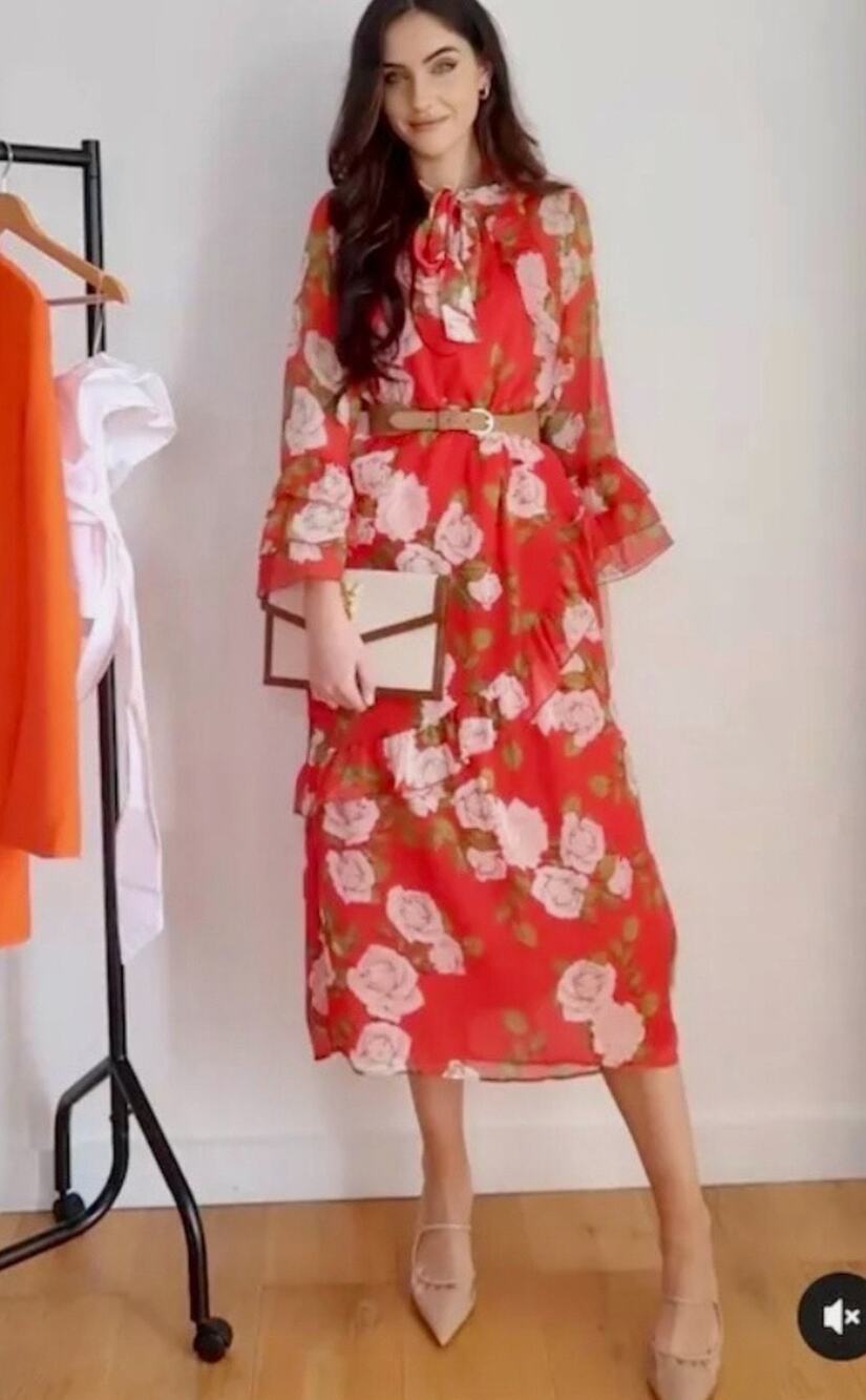 NWOT ZARA FLORAL DRESS w/ RUFFLES RED Bow Tie Open Back Woman M